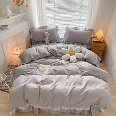 Aesthetic Ruffle Lace Bedding Set gray