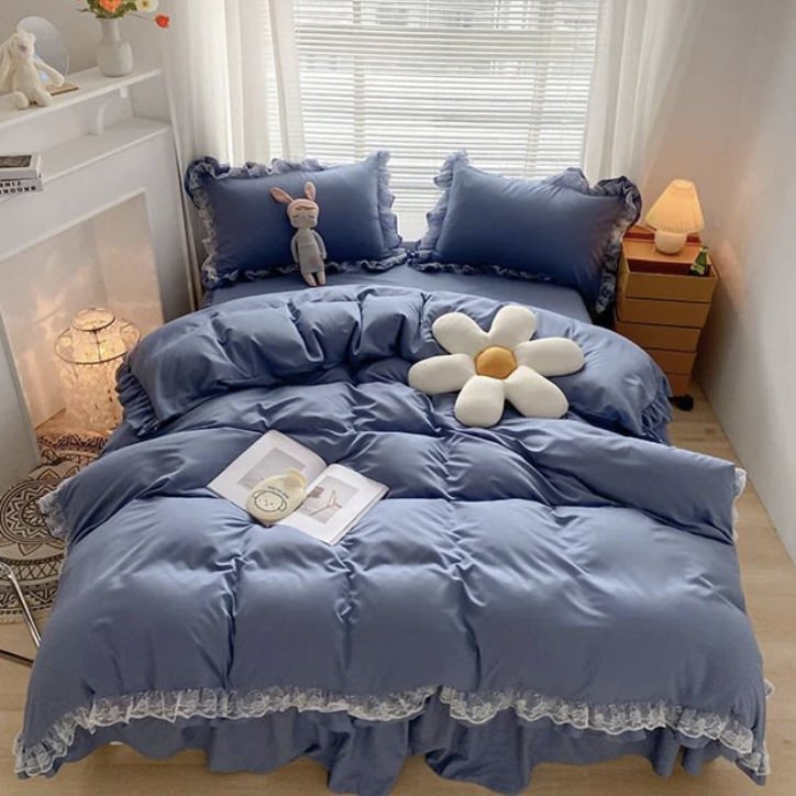 Aesthetic Ruffle Lace Bedding Set blue