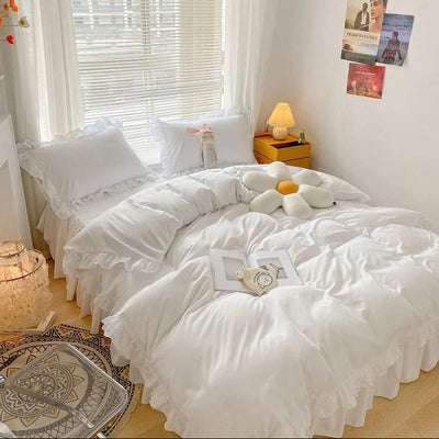 Aesthetic Ruffle Lace Bedding Set white