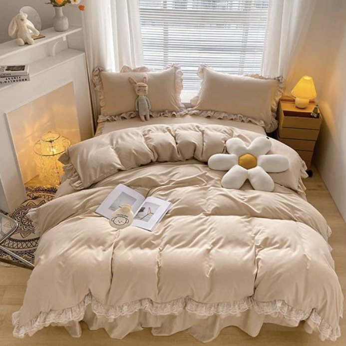 beige Aesthetic Ruffle Lace Bedding Set