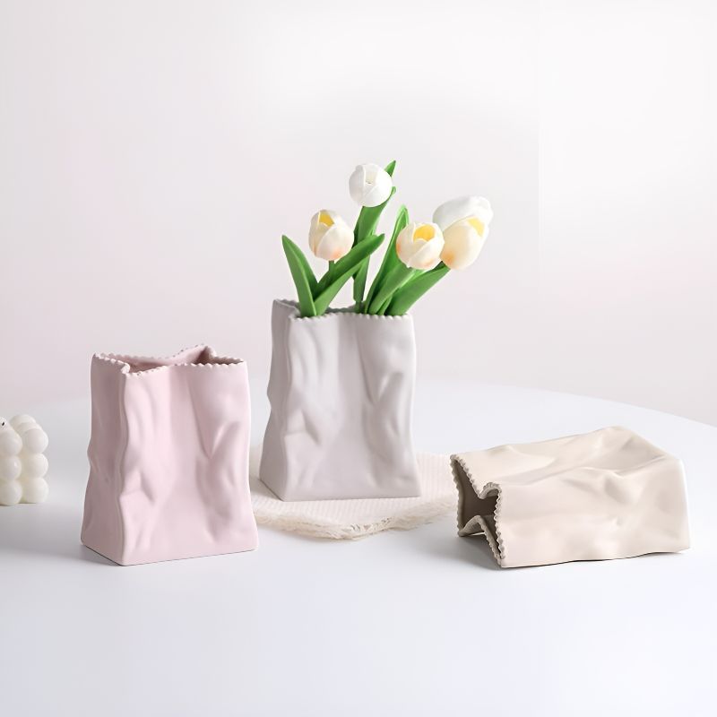minimalistic crumpled bag vases