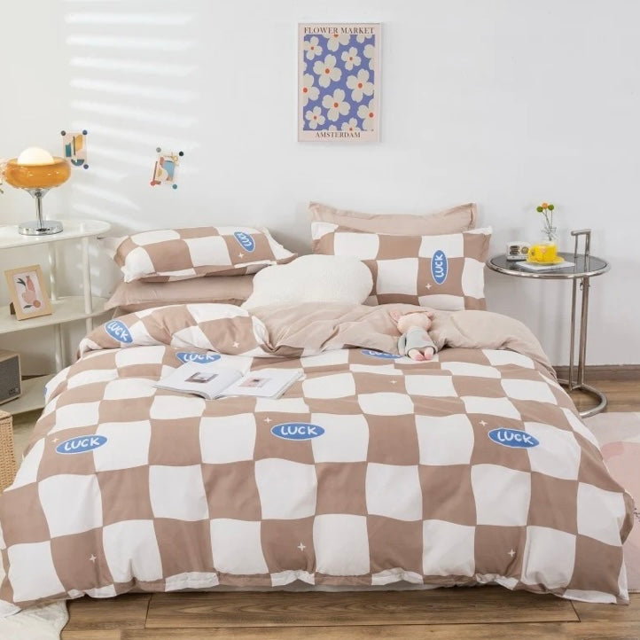Beige Danish Pastel Checkered Bedding Set