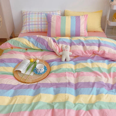 aesthetic pastel bedding set - rainbow stripes