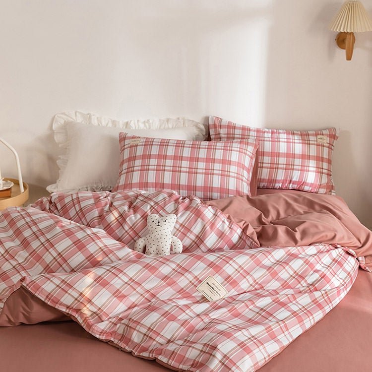 boogzel home aesthetic pink checkered bedding set